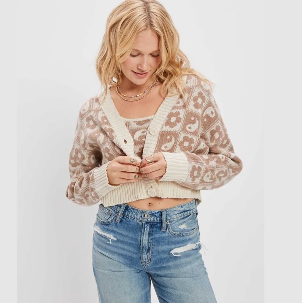American Eagle Yin and Yang Flower Print Cardigan Large new no tags